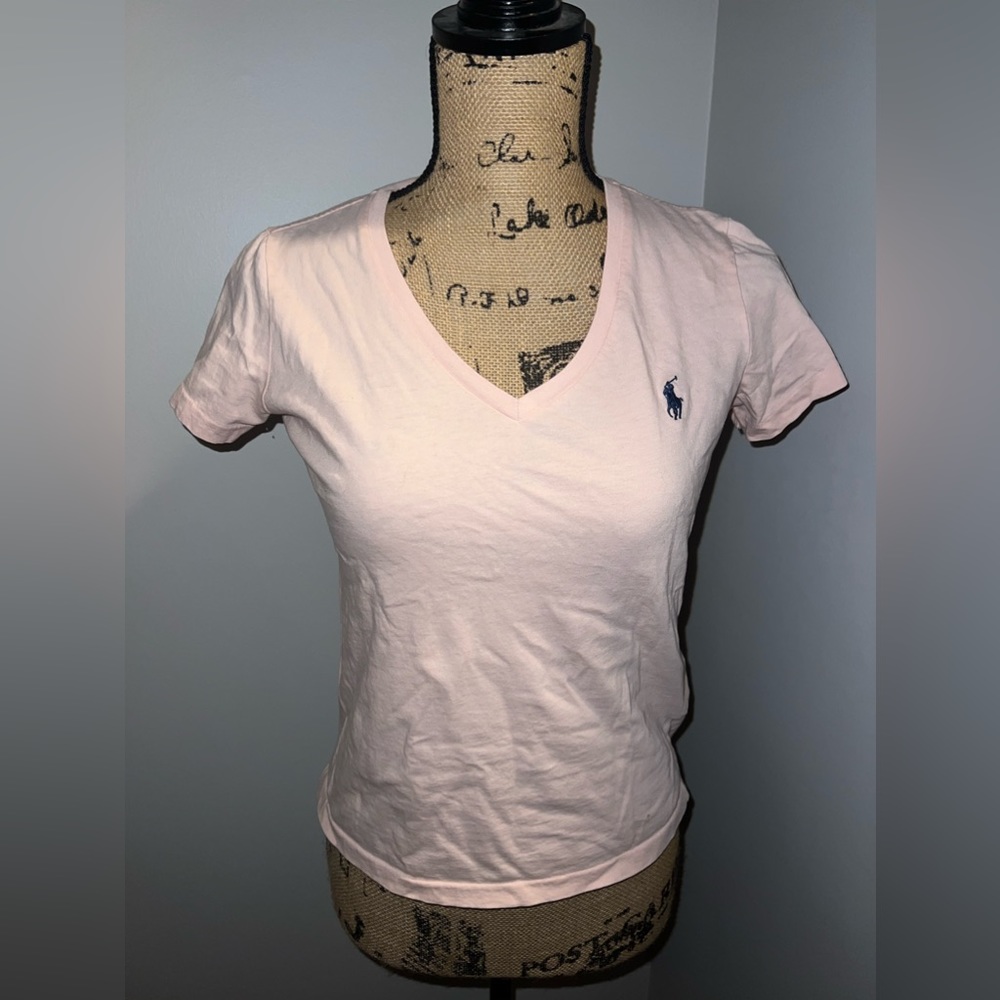 Polo Ralph Lauren Lightweight Pink V-Neck T-shirt w/ Navy Emblem